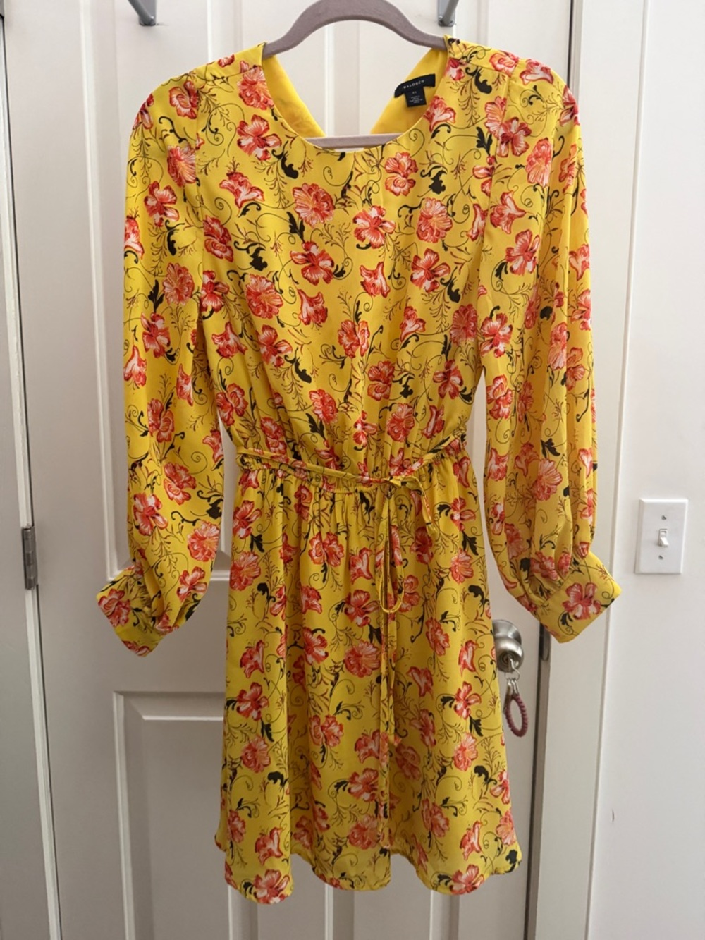 Halogen Yellow Floral Long-Sleeve Tie-Waist Dress